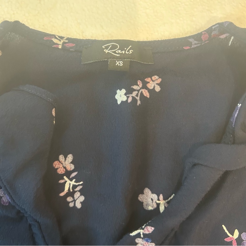 Rails Simone wrap blouse in navy Kyoto floral print white blue purple ruffle - Picture 8 of 14